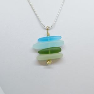 Tiny stacked sea glass gold tone pendant